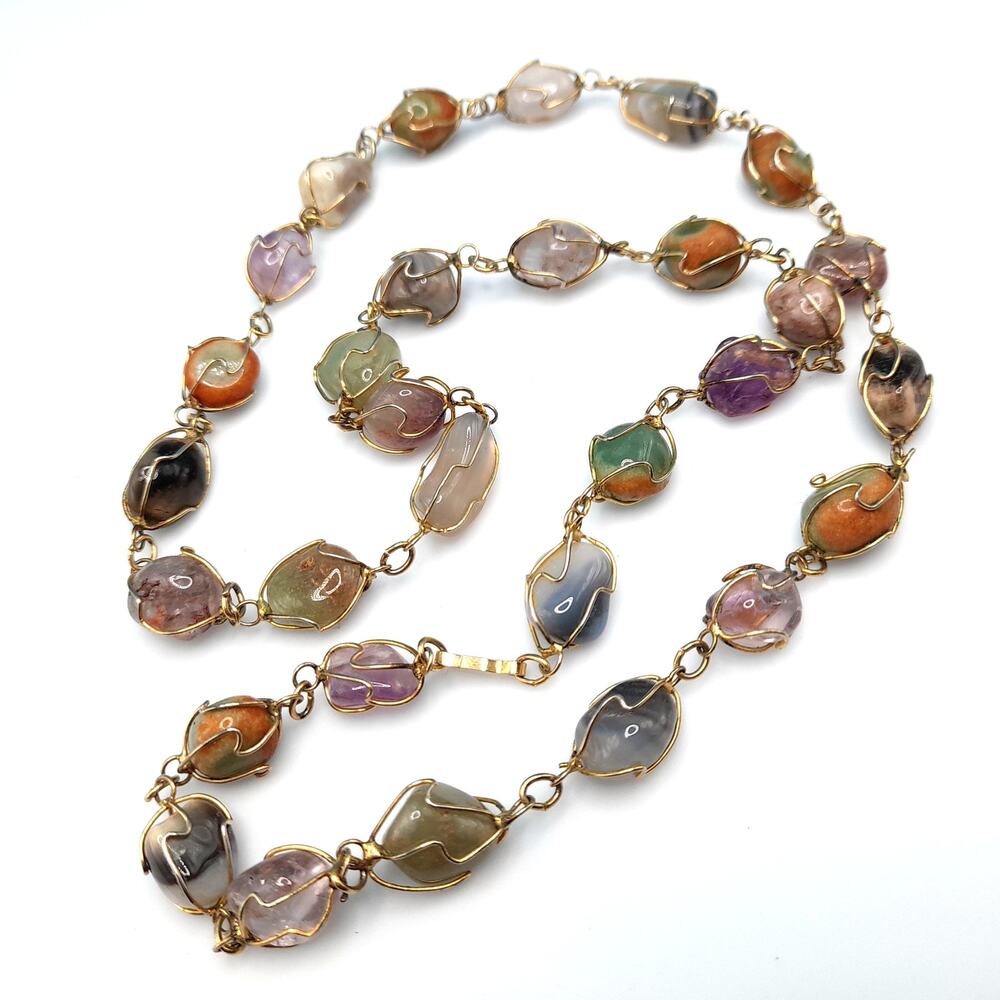 Vintage Genuine Gemstone Wire Wrapped Necklace Gold Tone 30 Inch